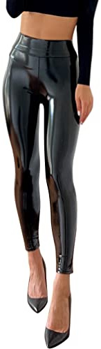 Minetom Femme Pantalon en Cuir PU Legging Skinny Extensible Pantalon Similicuir Taille Haute Slim Fit Doux Leggings C Noir XS