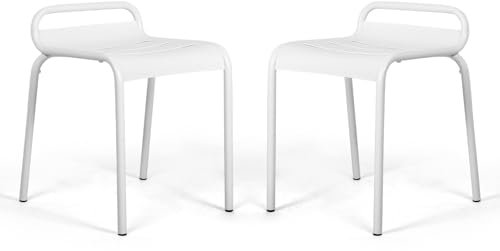 LOKKHAN White Metal Patio Dining Chairs Set of 2 Stackable Modern Bistro Cafe Bar Chairs, 18 Indoor-Outdoor Seating, Lower-Back Iron Chairs for Deck Garden Backyard Lawn