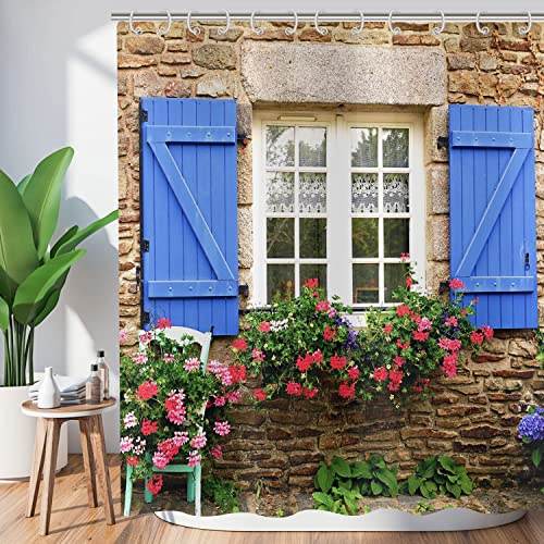 Hnmdmyi Tenda da doccia giardino 90x180, 3D Tende da doccia fiori piante blu finestra pietra muro paesaggio esterno immagine natura tenda da bagno tessuto impermeabile lavabile tenda da bagno