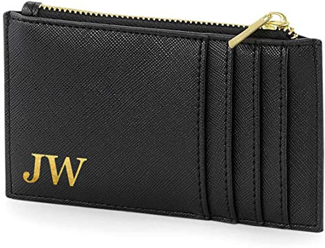 AWASG Personalisiertes Kartenetui mit Münzfach für Damen Herren | Kleine Geldbörse mit Kartenfach | Kartenhalter Portemonnaie für Sie Ihn mit Initialen schwarz/Gold