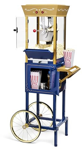 Nostalgia Popcorn Maker - Professional 8oz Kettle Trolley for Up to 32 Cups - Vintage Movie Style Popcorn Maker - Navy & Gold