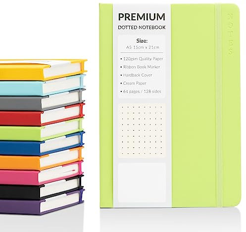 Bullet Journal A5 gepunktetes Notizbuch mit festem Einband aus Kunstleder und hochwertigem 120 g/m² dickem Punktrasterpapier (128 cremefarbene Seiten, Limette)