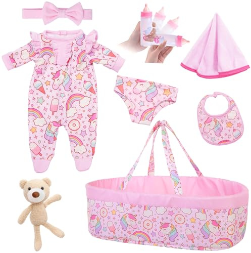 ECORELF 8 Pcs Baby Doll Clothes with Bassinet for 16-18 inch Doll, Baby Doll Accessories Clothes Outfit Including Doll Nursing Bottle Bib Headband with Unicorn Pattern