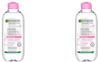 Garnier Micellar Cleansing Water, Gentle face Cleanser & Makeup Remover, Fragrance-Free, Vegan Formula, Suitable For All Skin Types, Even Sensitive, Skin Active, 400ml (Pack of 2)