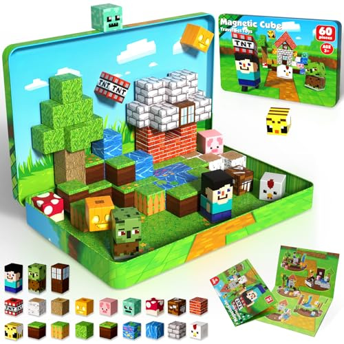 60 PCS Magnetic Blocks with Metal Box, 0.8in Mini Magnetic Building Cube | Travel Airplane Classroom Play, STEM Educational Toys for Kids Ages 3+ Boys Girls, Birthday Christmas Toy Gifts