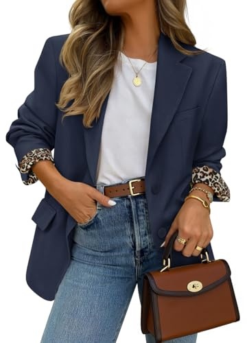 ZESICA Womens Fall Business Casual Open Front Button Blazer Navy M | Long Sleeve, Oversized, Lapel Collar, Side Pockets, 2026 Casual Trendy, Work Office Professional Outfits, Weekend Daily Wear