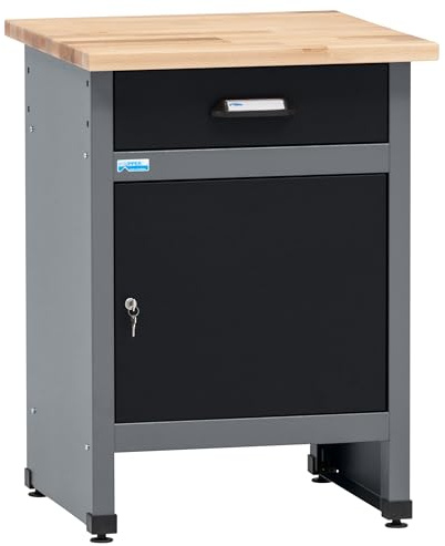 Küpper Banco da lavoro 12399, 60 x 84 x 60 cm, 1 cassetto, 1 porta, portata 300 kg, piano di lavoro in faggio massiccio, nero