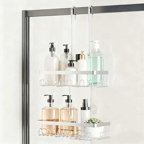 RUIHANDA Duschablage Ohne Bohren, Duschablage Zum Hängen Für Dusche Glastür (weniger als 3 cm) mit 5 Saugnäpfe & 24 Haken