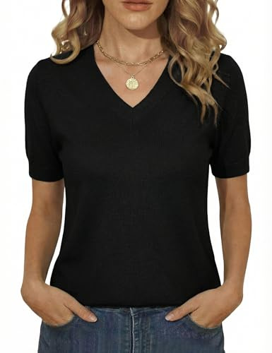 Totatuit Haut Femme Manches Courtes Col V Pull Tricoté Ajusté Coupe Cintrée