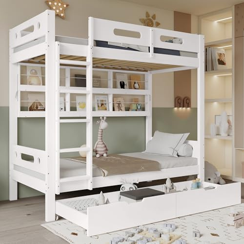 Mrwoo Etagenbett Holzbett 90x200 cm, Kinderbett Jugendbett mit Schubladen undOffenes Regal, Reichlich Stauraum, Treppe und Rausfallschutz Geländer, Kiefer+MDF, Weiß (Ohne Matratze)
