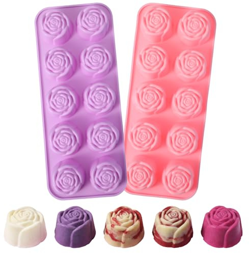 Grevosea 2 st rosformar i silikon, återanvändbara 10 hålrum rosblomformar silikonchokladform för isbitar, fondant, godis, tvålar, kakdekoration, köksredskap för bakning, enkel losstagning och