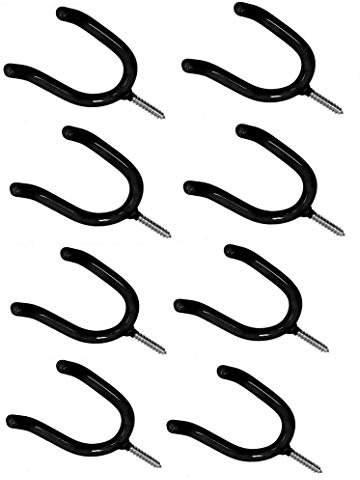 ALAZCO 8 Black Vinyl Coated Steel Wall Mount Screw-in Heavy Duty Tool Holders 4” Utility U-Hooks for Garage Workshop Storage Hang Shovels Rakes Brooms Garden Tools Sports Equipment Tennis Racket