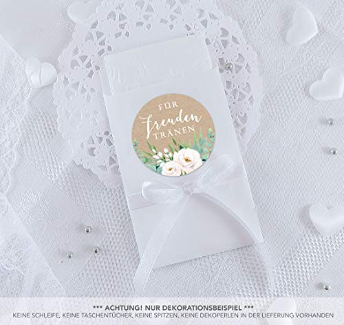Freuden Tränen Taschentücher Set zur Hochzeit Groß 48 Sticker + 48 weiße Flachbeutel 63 x 93 mm Freudentränen Taschentuch Verpackung GRÜN WEIß BOHO HIPPIE ROSEN EUKALYPTUS BLÄTTER KRAFTPAPIER