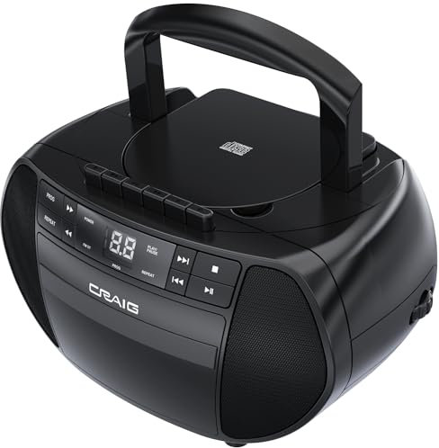 Craig CD6951 - Boombox CD portatile a caricamento dall'alto, con radio stereo AM/FM e lettore di cassette, colore: nero | 6 tasti di cassetta/registratore | Display a LED |