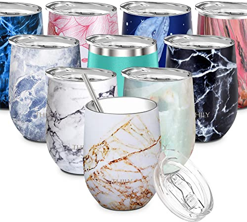 THILY Copa de vino de acero inoxidable sin tallo, triple aislamiento al vacío, bonita taza de viaje con tapa, popote reutilizable, mantiene el frío y el calor para vino, café, regalo de cumpleaños,