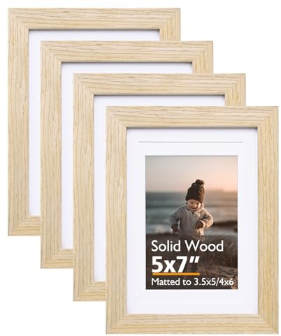 KINLINK 5x7 Picture Frame Natural, Solid Wood Frames with Acrylic Plexiglass for Pictures 3.5x5/4x6 with Mat or 5x7 without Mat, Tabletop and Wall Display Photo Frame, Set of 4