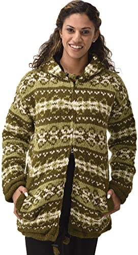 Hand Knitted 100% Merino Wool Norwegian Icelandic Cardigan Irish Nordic Design Nepalese Jacket Polar Fleece Lined Hoodie Sweater Winter Coat Green