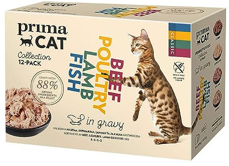 PrimaCat - Klassisches Nassfutter für Katzen, Multipack, Verschiedene Geschmacksrichtungen in Bratensoße, 28 x 85 g
