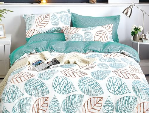 Etrexonline Juego de Funda Nórdica 4 Piezas Cama 150 Microfibra Extra Suave Transpirable - 1 Funda Edredón 240x220 cm, 1 Bajera 150x200+28 cm y 2 Fundas de Almohada 50x90 cm (Hojas Turquesas)