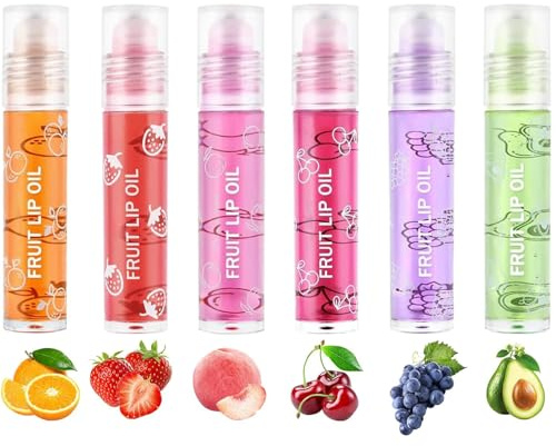 6 Piezas Brillo de Labios Set, Brillo de Labios Enrollable con Sabor a Frutas, Lip Oil Transparente Lápiz labial Líquido Brillante Hidratante, Ligero No Pegajoso Lip Gloss para Mujeres y Niñas