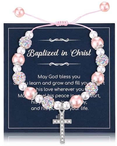 Sinmoe 3 Cadeaux de Première Communion Baptême pour Filles Bracelet Croix Baptême Bracelet Perle Communion Cartes Religieuses Rose Sachet Velours à Cordon pour Chrétien Catholique Confirmations