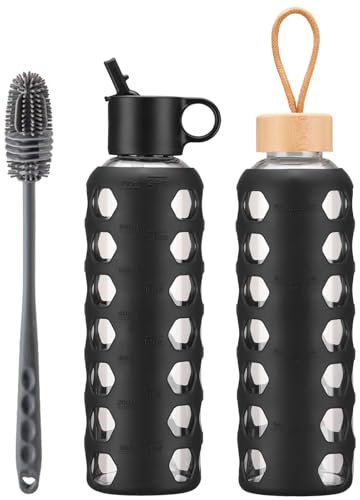 BLUEGO Glass Water Bottle, 700ml Borosilicate Drinking Bottle with 2 Lids-Handle Flip Straw Lid&Bamboo Lid, Motivational Water Bottle with Time Marker and Silicone Sleeve, Leakproof, Black