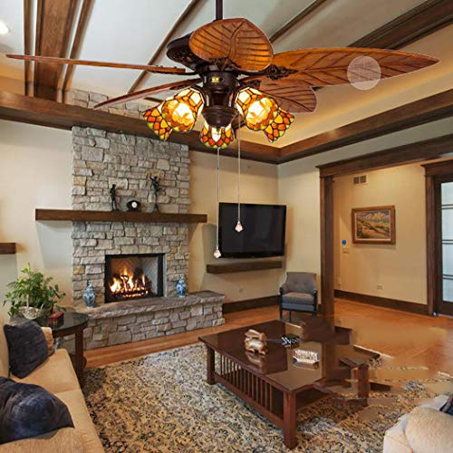 AIBOTY Tiffany Style Ceiling Fan Light Wooden Palm Leaf Fan Lamp Indoor Outdoor Mute Ceiling Fans Chandelier 5 Blades 5 Lights,Stained Glass Lampshade,52 Inch,remote control