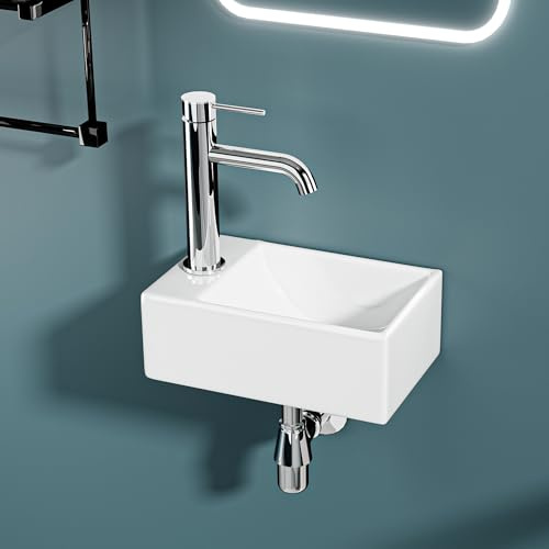 DILECI – Mini Lave-Mains Ultra Compact Sortie Gauche 30x19x11 cm – Vasque en Céramique Blanche Brillante – Idéal pour Toilettes, WC et Très Petits Espaces – Design Épuré et Moderne