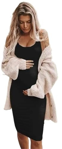 Sexig solid väst kjol gravid kvinna klänning kvinnor ärmlös graviditet mammaklänningar ledig elastisk mjuk O-krage kläder (svart, 3XL)