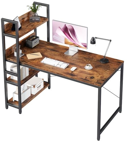 Sweetcrispy Schreibtisch mit Seitlichem Regal & Verstellbaren Füßen, 140 cm breiter Bürotisch, Starker Computertisch mit Ablagefläche, Einfacher Montage, vintagebraun