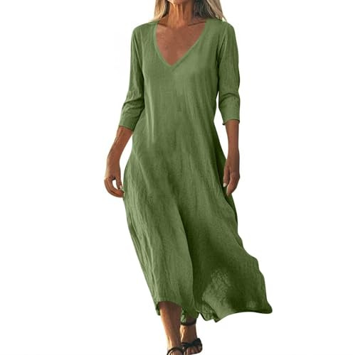Generico Abiti Lino Donna Estivo Vestito Lungo in Cotone Maniche Corte Elegante Abiti Mare Casual Morbido Tinta Unita Abito Scollo a V Boho Chic Leggeri Vestiti Taglie Forti Allentato Vacanze Mare