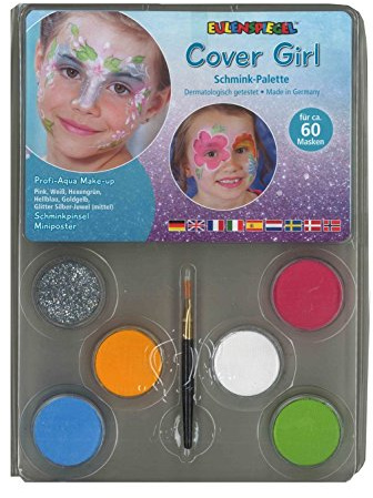 Eulenspiegel - Schmink-Palette Cover Girl, 6 Farben | Mit 5 Schminkfarben, 1 Glitzer, Pinsel & Anleitung, für ca. 60 Masken, für Karneval & Mottopartys