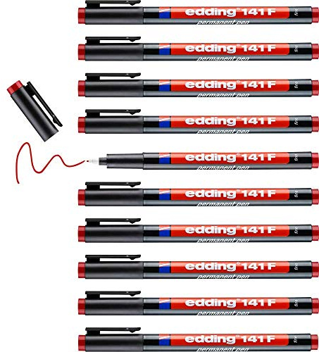 edding 141 F Permanenter Folienschreiber - rot - 10 Stifte - Rundspitze 0,6 mm - Stift zum Schreiben auf Glas, Kunststoff, Folien und glatten Oberflächen - schnelltrocknend, wisch- und wasserfest