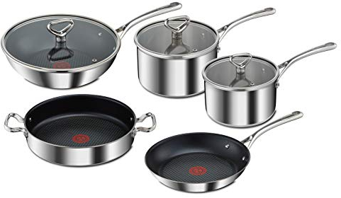 Tefal Reserve Collection Batterie de cuisine 5 pièces, Sauteuse 2 anses 28 cm + couvercle, Poêle 26 cm, Casseroles 18/20 cm + Couvercle, Poêle Wok 28 cm, Antiadhésif sûr, Induction E475S544