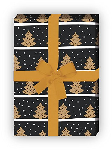 Kartenkaufrausch Schönes Streifen Weihnachtspapier, Geschenkpapier zu Weihnachten mit Weihnachtsbäumen im Schnee, grau schwarz • edle Geschenk Verpackung, Designpapier, 4 Bogen, 32 x 48cm