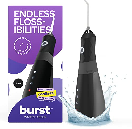 Burst Electric Water Flosser for Teeth Cleaning (3 Modes/Black) | Cordless | Plaque Removal Between Braces & Dental Work | Portable Floss | Refillable 110mL Tank