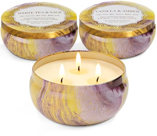 YMing 3-Wick Candle Gift Set, 3 Pack, 14 oz Each, Scented Candles for Home, White Tea & Sage, Vanilla & Amber, Cashmere Cedar
