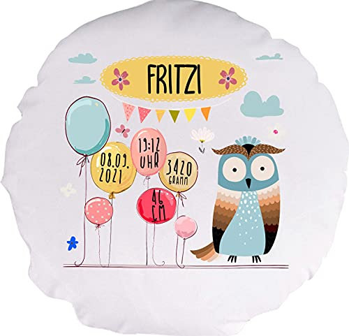 Kleckerliese Baby Kinder Kissen Kissenhülle Tiere Motiv, Eule mit Wunschname Datum Uhrzeit Gewicht Balon Wolken, 40 cm Farbe Weiß