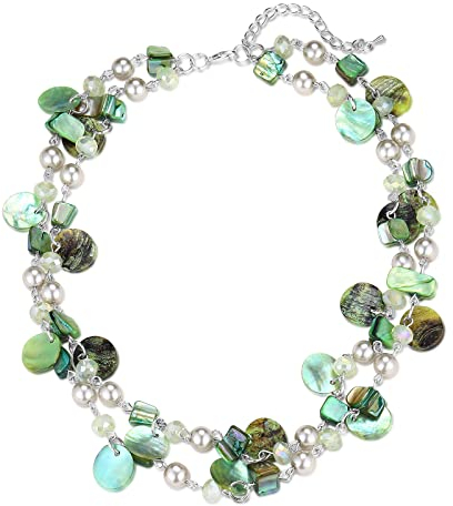 FULU AUTUMN Kristall Perlenkette Boho Muschelkette Damen Statement Bunte Mehrreihige Halskette Modeschmuck Geschenke für Fraue(Green)