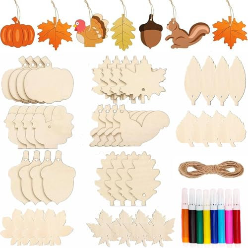 Holz Deko Anhänger Herbst 96 Stück Basteln Kinder Pilz Kürbis Igel Ahornblatt Herbst Deko Holzanhänger