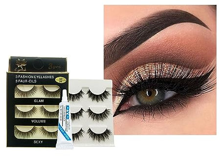3D False Lashes, 6 Pairs Strip Lashes with Glue, Natural Eyelashes Volume Fluffy Wispy Eyelashes, Thick Long Fake Eyelashes Russian Lashes