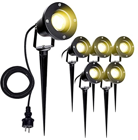 Gimisgu Gartenbeleuchtung LED, 6 Stück 4W GU10 Warmweiß 3000K IP65 Wasserdicht Gartenstrahler mit Erdspieß, Gartenleuchte mit Stecker, Dekorative Gartenlampe Gärten Wegen Rasen