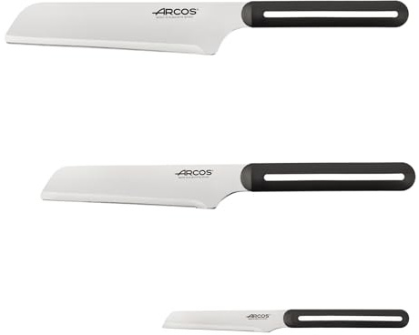 Arcos Serie LINEA - Set de 3 Cuchillos de cocina (Mondador + Cocina + Chef) | Filo Microdentado | Mango Ergonómico | Diseño Moderno | Empaquetado Cartón Reciclado | Mango Color Negro