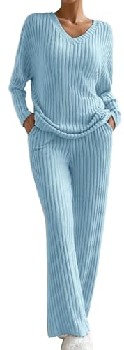 Traje de punto de dos piezas para mujer, traje de ocio, cuello de pico, traje de pantalón, manga larga, jersey de punto acanalado + pantalón recto, traje de deporte, traje de casa suave, conjunto de