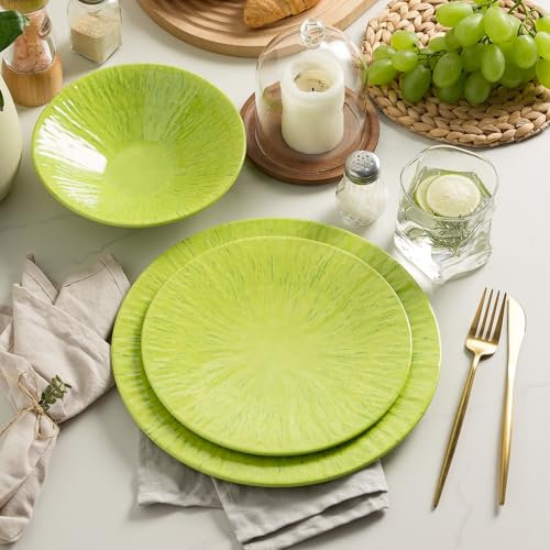 MissYIP - Juego de vajilla de melamina de 12 piezas, irrompible para 4, platos y cuencos de melamina aptos para lavavajillas, ideal para fiestas, camping, uso en interiores y exteriores (verde claro)