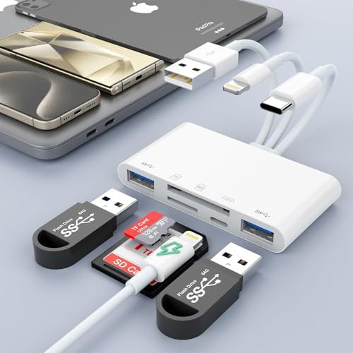 5-in-3 SD Card Reader for iPhone iPad with USB A & Charging Port, Lightning + USB A + USB C to SD Memory Card Reader for iPhone/iPad/Hard Disk/Flash Drive/Android/MacBook/PC/Tablet/Camera