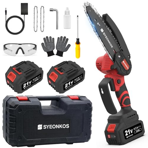 SYEONKOS Mini Cordless Chainsaw, Electric Cordless Chainsaw with 2 Chains& 2 * 4000mAh Battery, 6-Inch Small Chain Saw Power Tools for Cutting Trees, Cut Wood, Tree Trimming