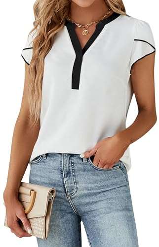 Blooming Jelly Women's Dressy Casual Tops Business Work Blouses 2026 Summer Button Down Shirts Short Cap Sleeve V Neck Tshirt (White with Black,Small)