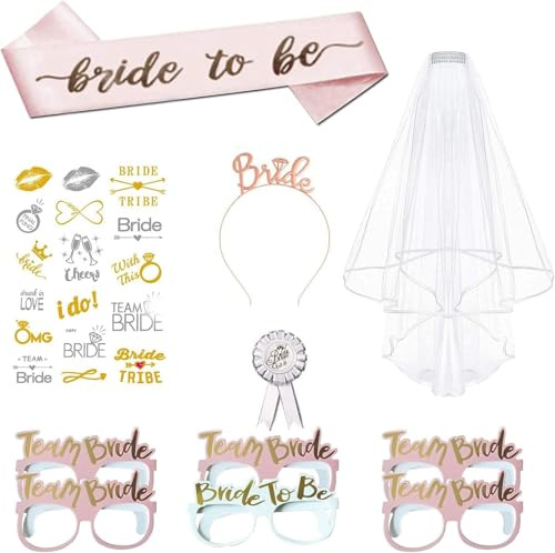 Dasellfa Jga Accessoires Frauen Bride to be Deko Junggesellenabschied Frauen Braut Team Bride Bachelorette Party Accessories Schleier Braut Schleier Jga, 11er-Set Polterabend Team Braut