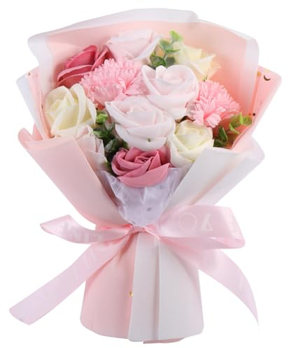 Hemobllo Ramo de Jabón de Rosa y Clavel 11 Flores Artificiales 1 Detalle para Madres Maestras San Valentín Adorno de Sala Rosa